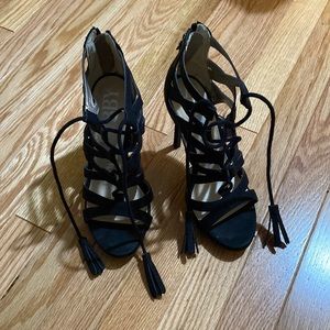 Gently worn black lace up cage bootie heels